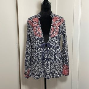 Athleta batik print embroidered tie waist top size S